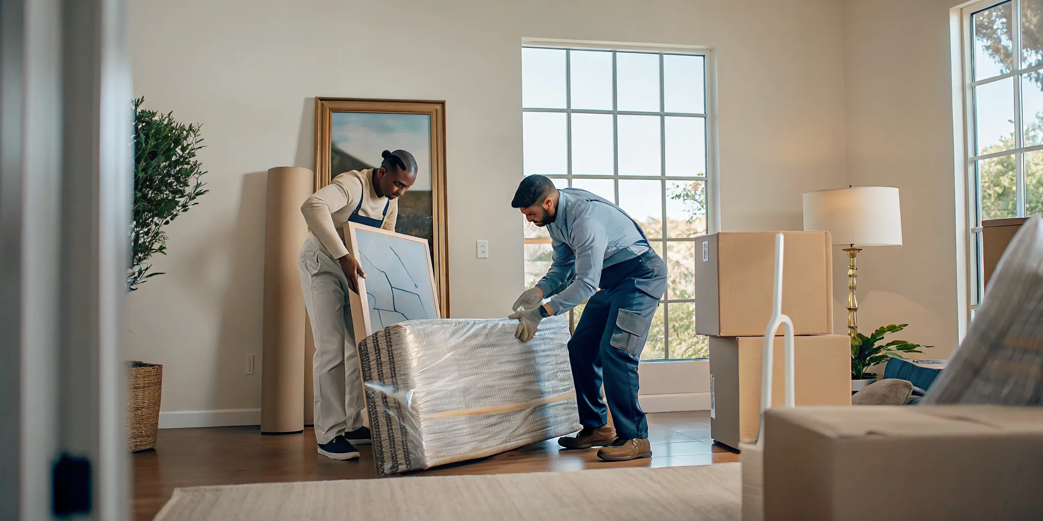 Professional movers preparing artwork furniture and electronics for climate controlled storage