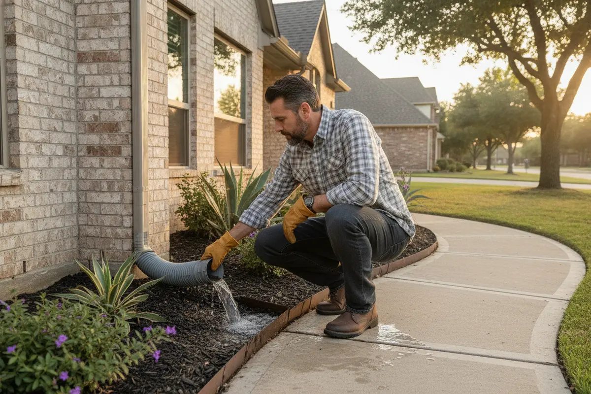 A clear downspout outlet directing water away from a Grapevine home