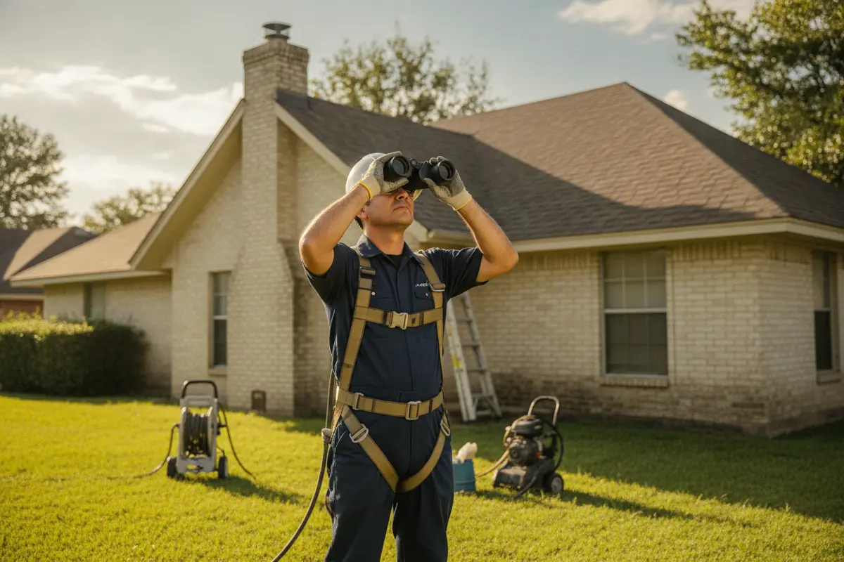 A professional inspecting a roof from the ground before discussing cleaning options