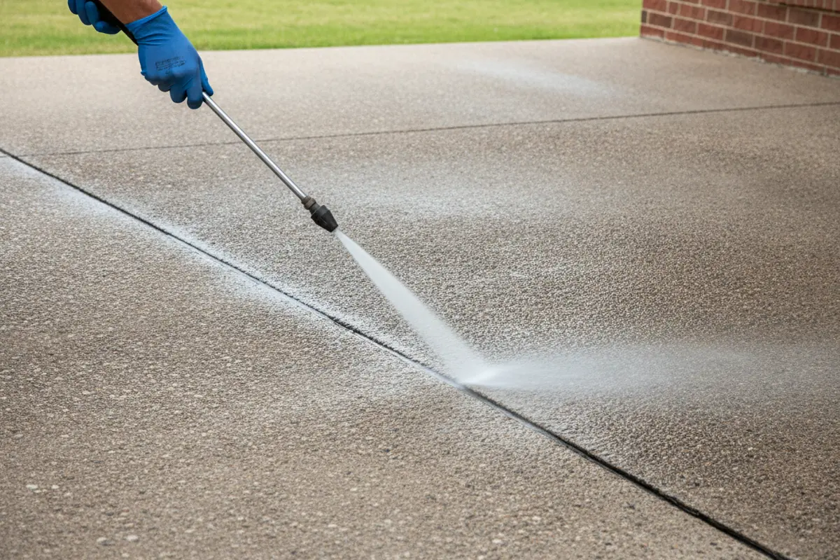 Careful pressure washing of a concrete patio in Flower Mound
