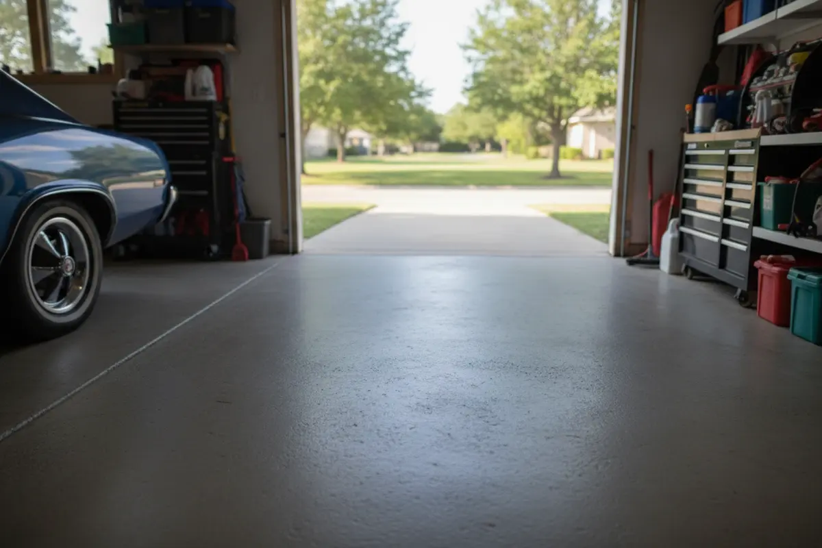 Clean garage threshold with an epoxy floor and swept outdoor concrete