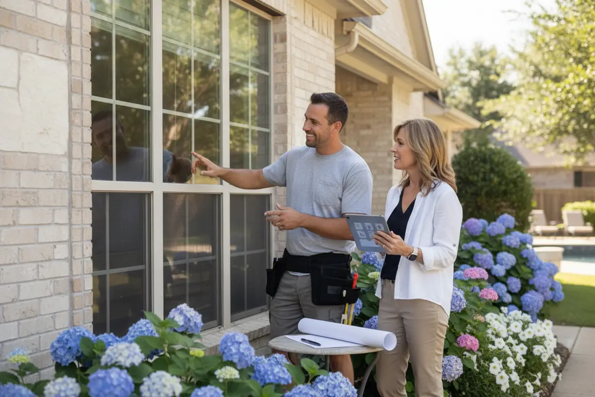 Cleaner discusses interior and exterior window cleaning scope with a Flower Mound homeowner