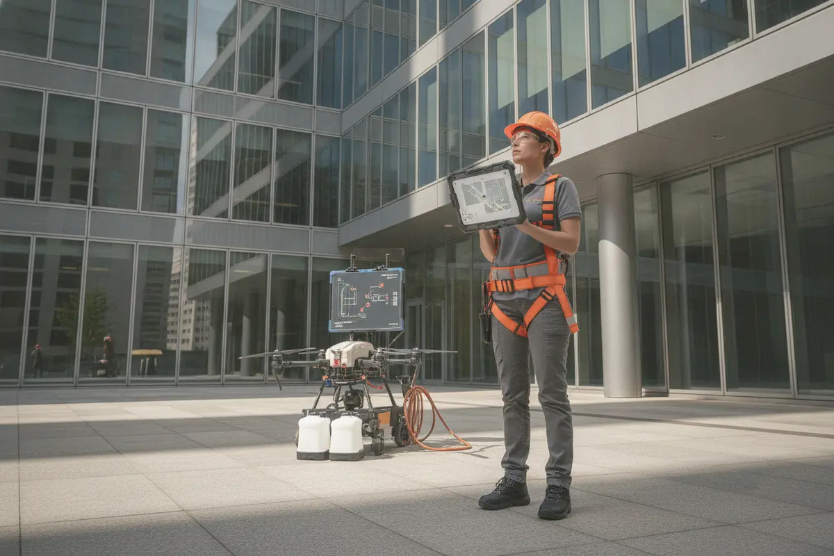 Cleaning professional reviewing a commercial building exterior before drone window cleaning