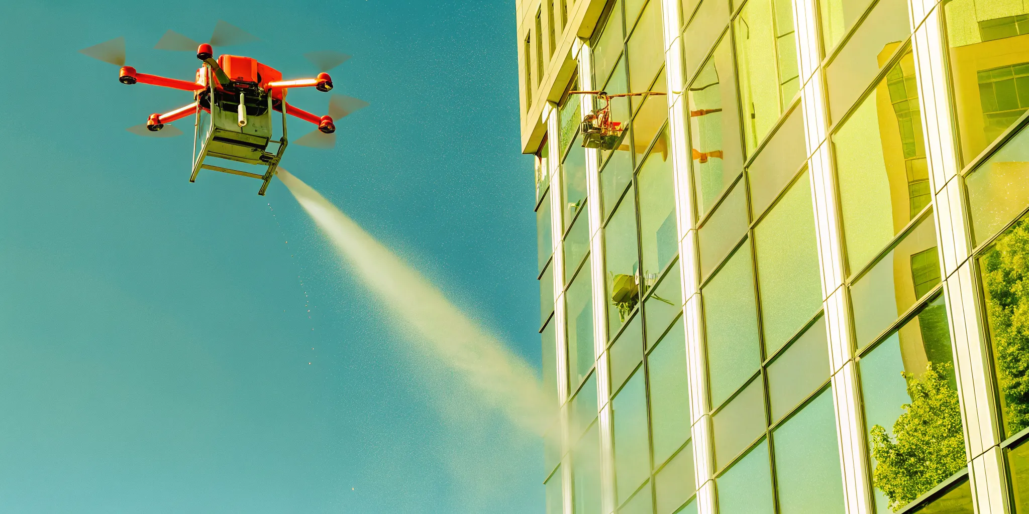 Drone cleaning a high-rise commercial building exterior in DFW