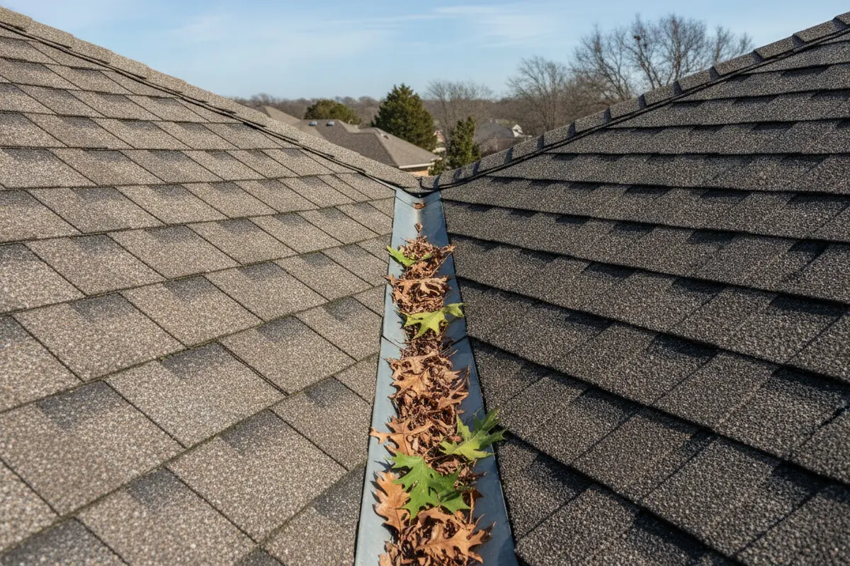 Dark streaks and a few leaves on a residential shingle roof