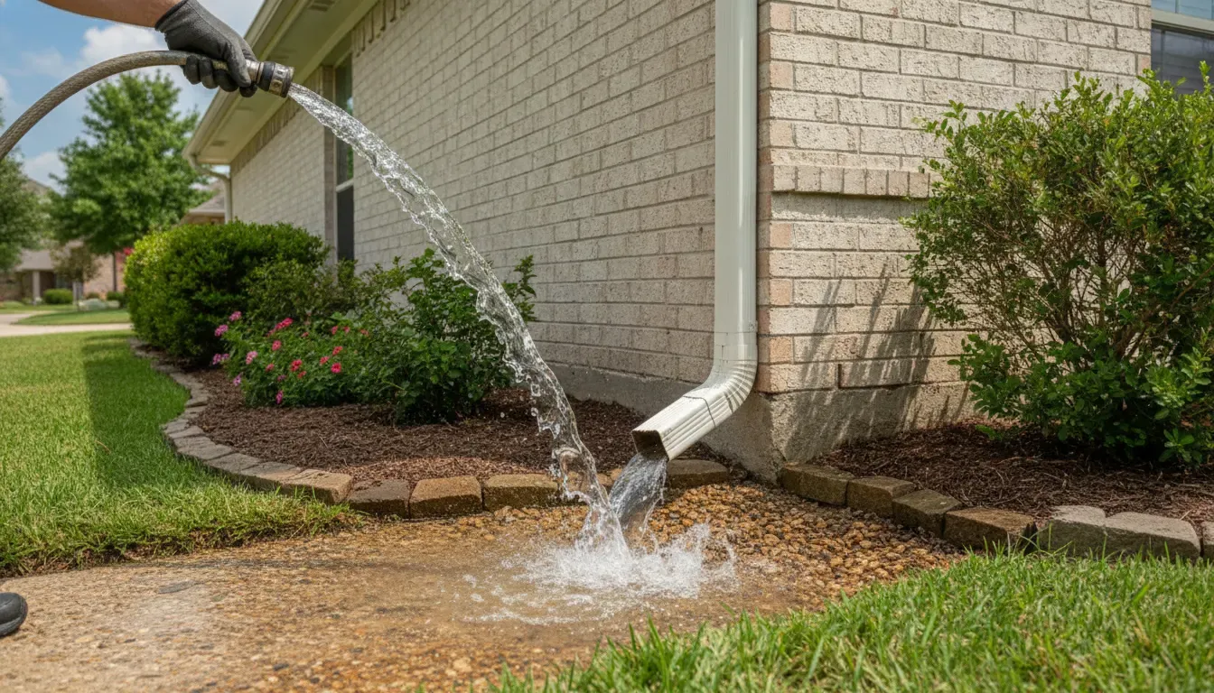 Clear downspout drainage beside a Keller Texas home