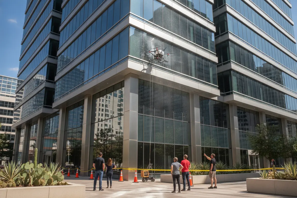 Drone-assisted window cleaning planned around activity at a commercial property