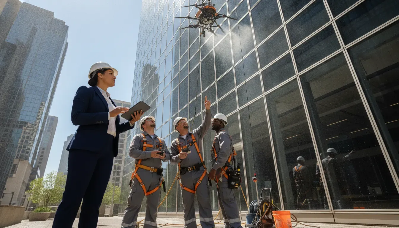 Commercial property manager reviewing drone facade cleaning with a ground crew