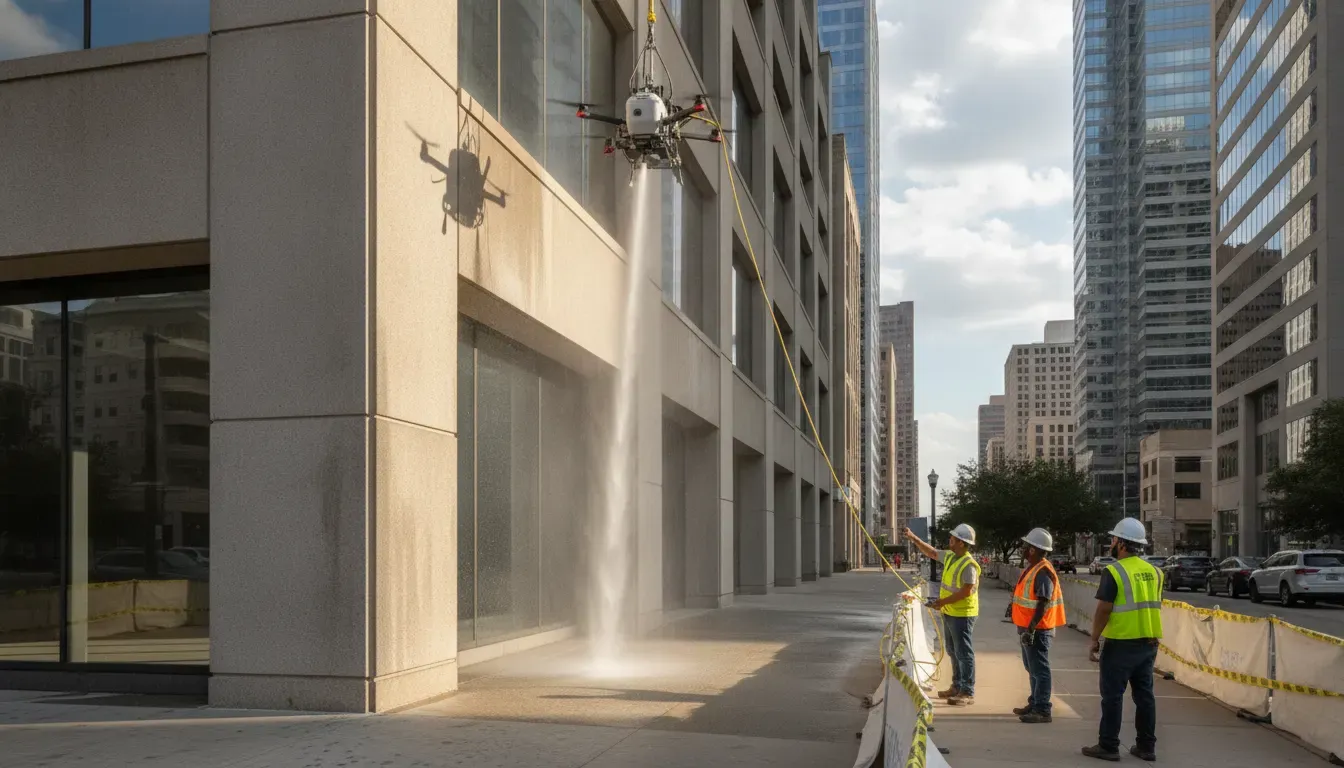 Tethered drone pressure washing a commercial concrete and glass facade