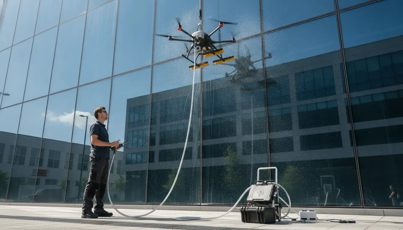 Ground operator guiding a tethered drone during commercial window cleaning