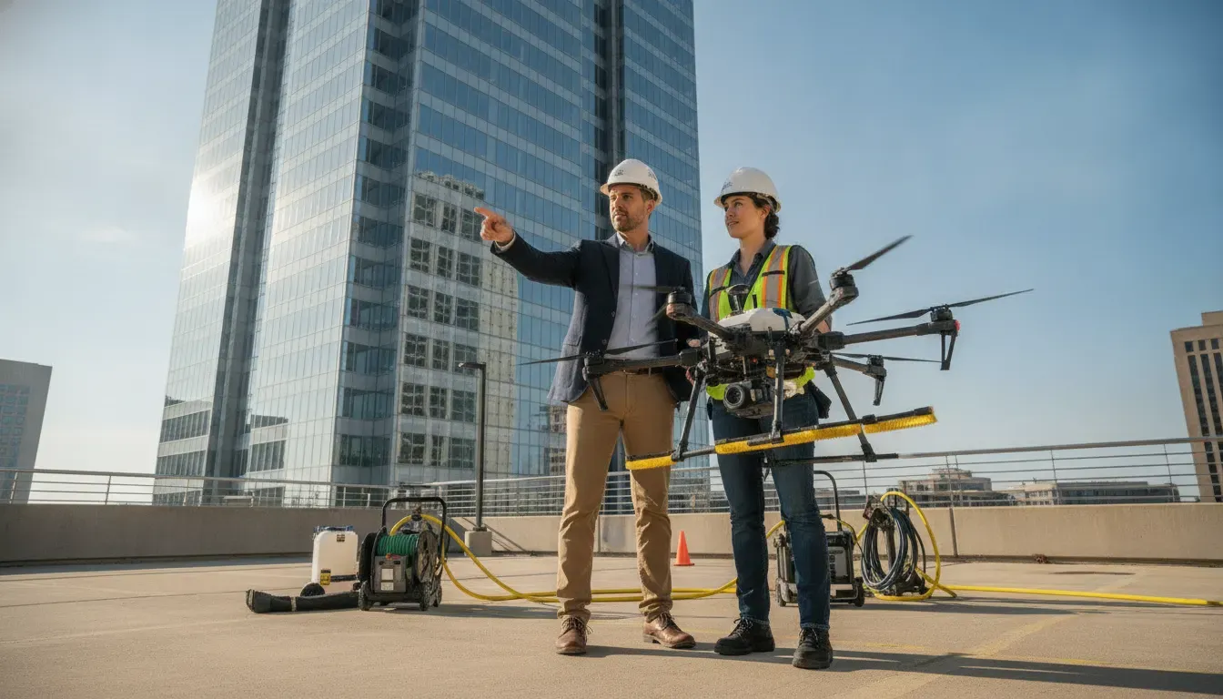 Commercial drone cleaning team reviewing a high-rise work zone