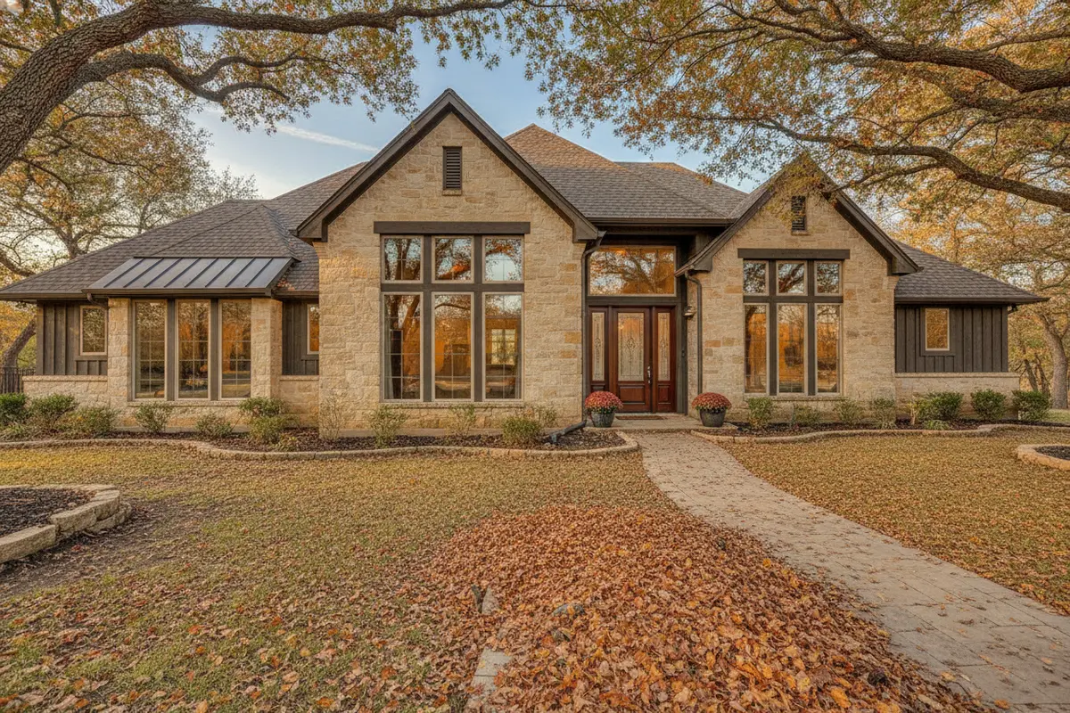 Fall leaves collecting near a Southlake home's gutters and walkway