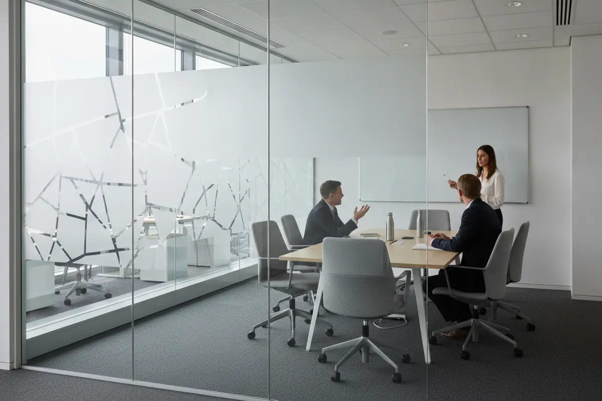 Frosted privacy film on a commercial meeting room glass partition