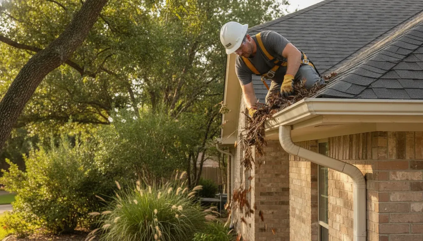 Technician cleaning roof gutters at a Colleyville home