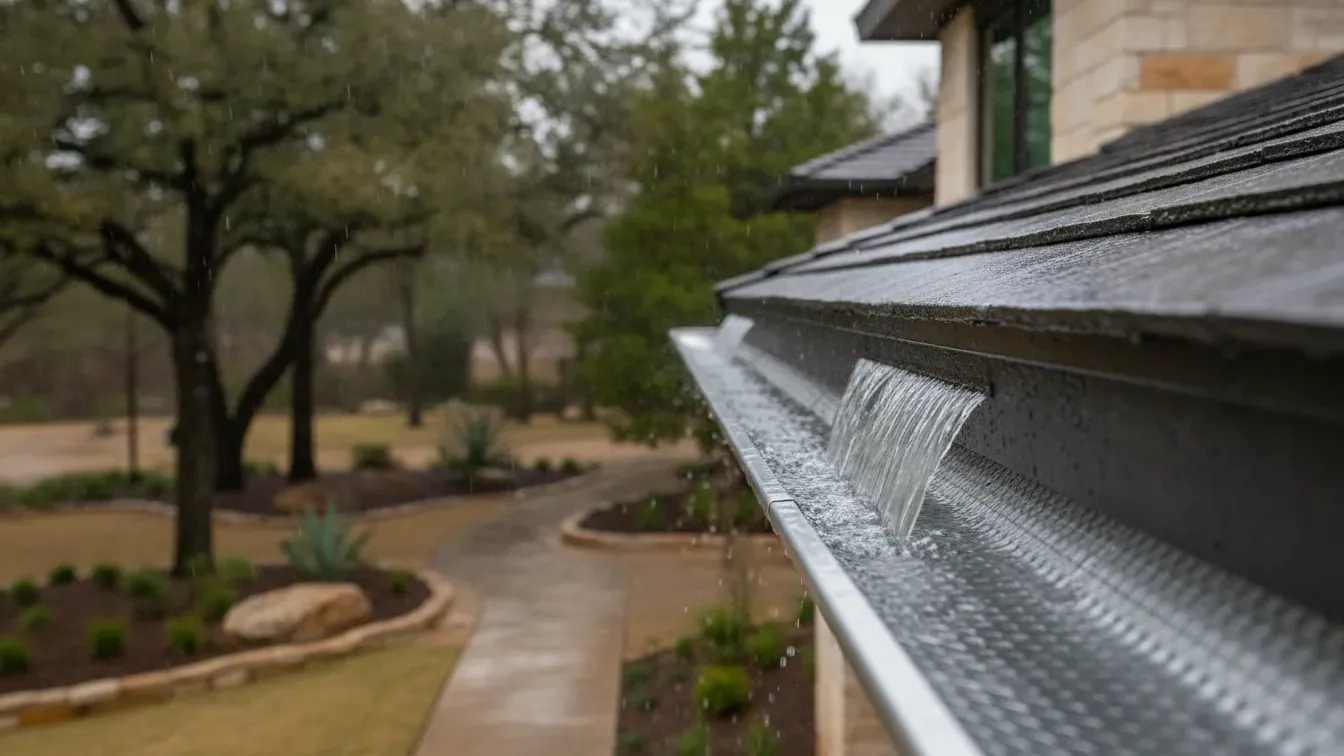 Rainwater moving through a protected gutter on a Southlake Texas home