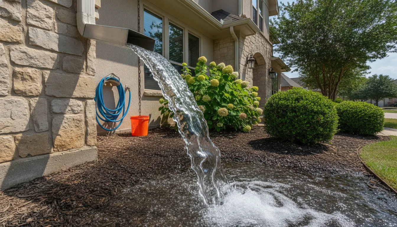 Rainwater flowing through a clean gutter and downspout away from a Southlake foundation