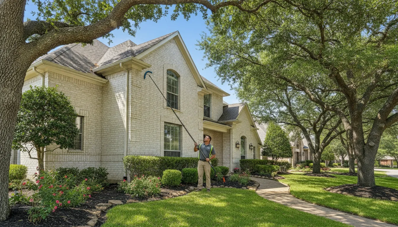 Southlake homeowner inspecting gutters beneath mature trees