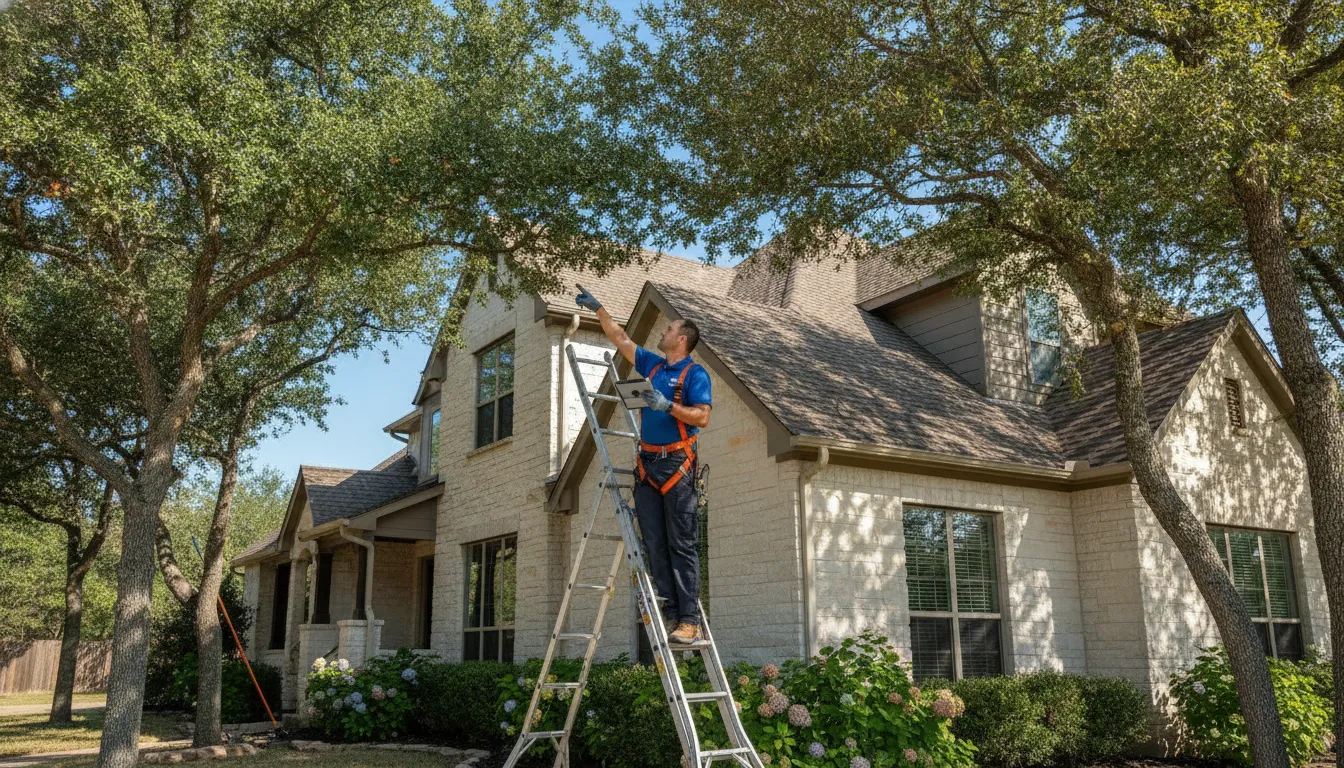 Exterior cleaning technician inspecting a Southlake home's gutter and downspout