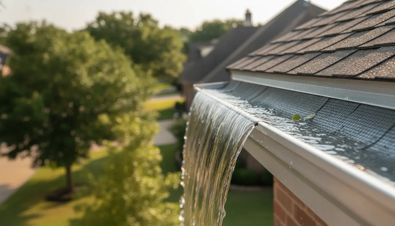 Close-up of a mesh gutter guard directing rainwater into a residential gutter