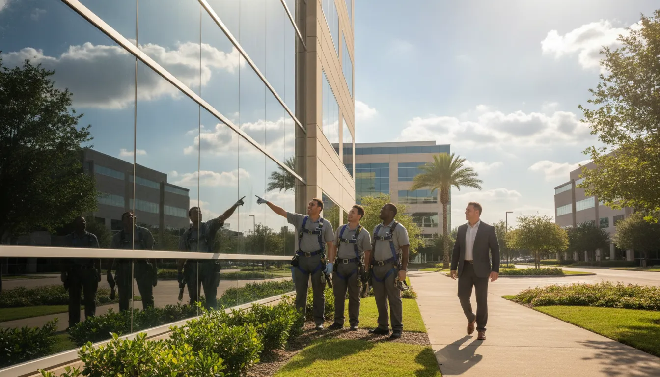 Commercial exterior cleaning crew reviewing a DFW property service plan