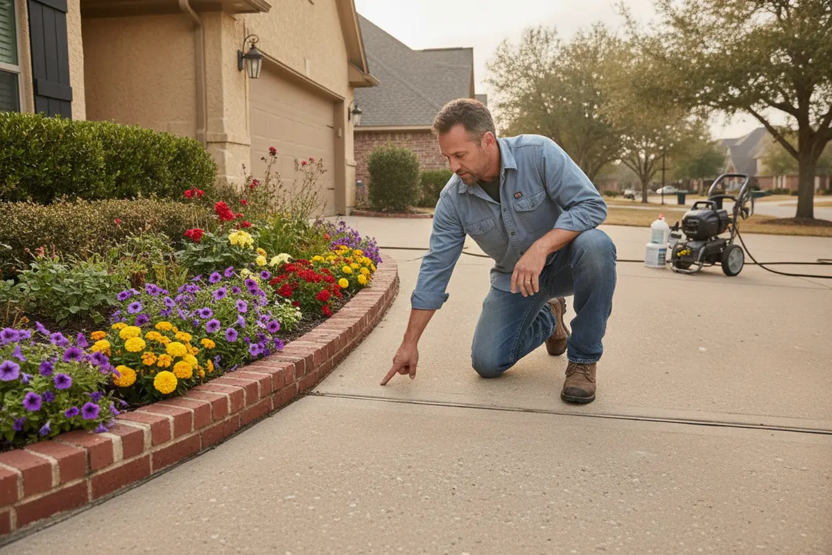 Homeowner checking a driveway and garden before pressure washing