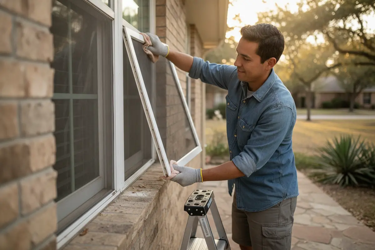 Homeowner removing a window screen to clean the sill