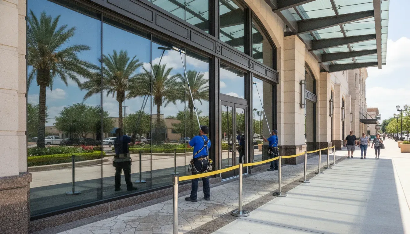 Commercial crew cleaning storefront windows with a protected pedestrian route