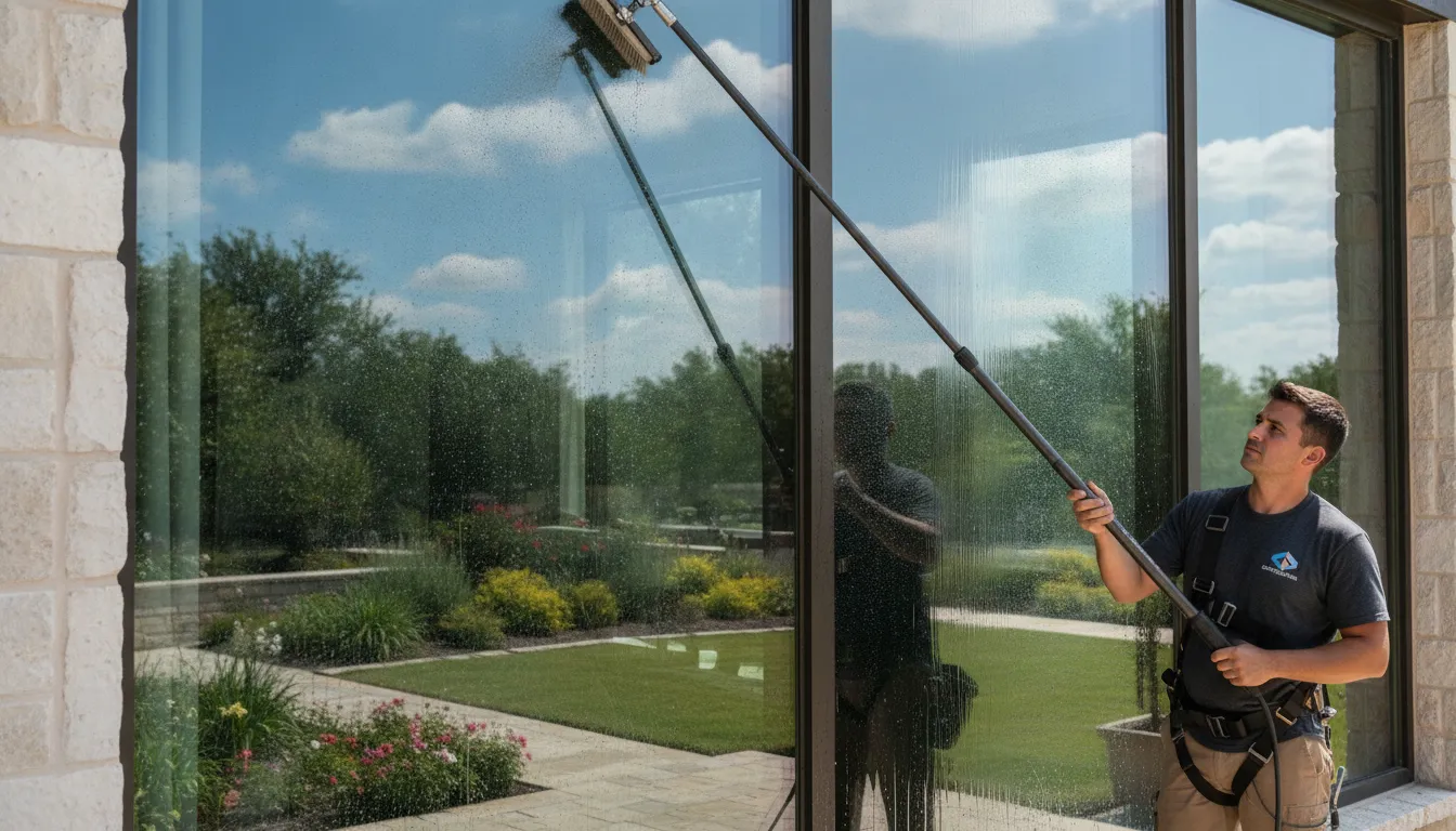 Technician using a water-fed pole to clean Southlake home windows
