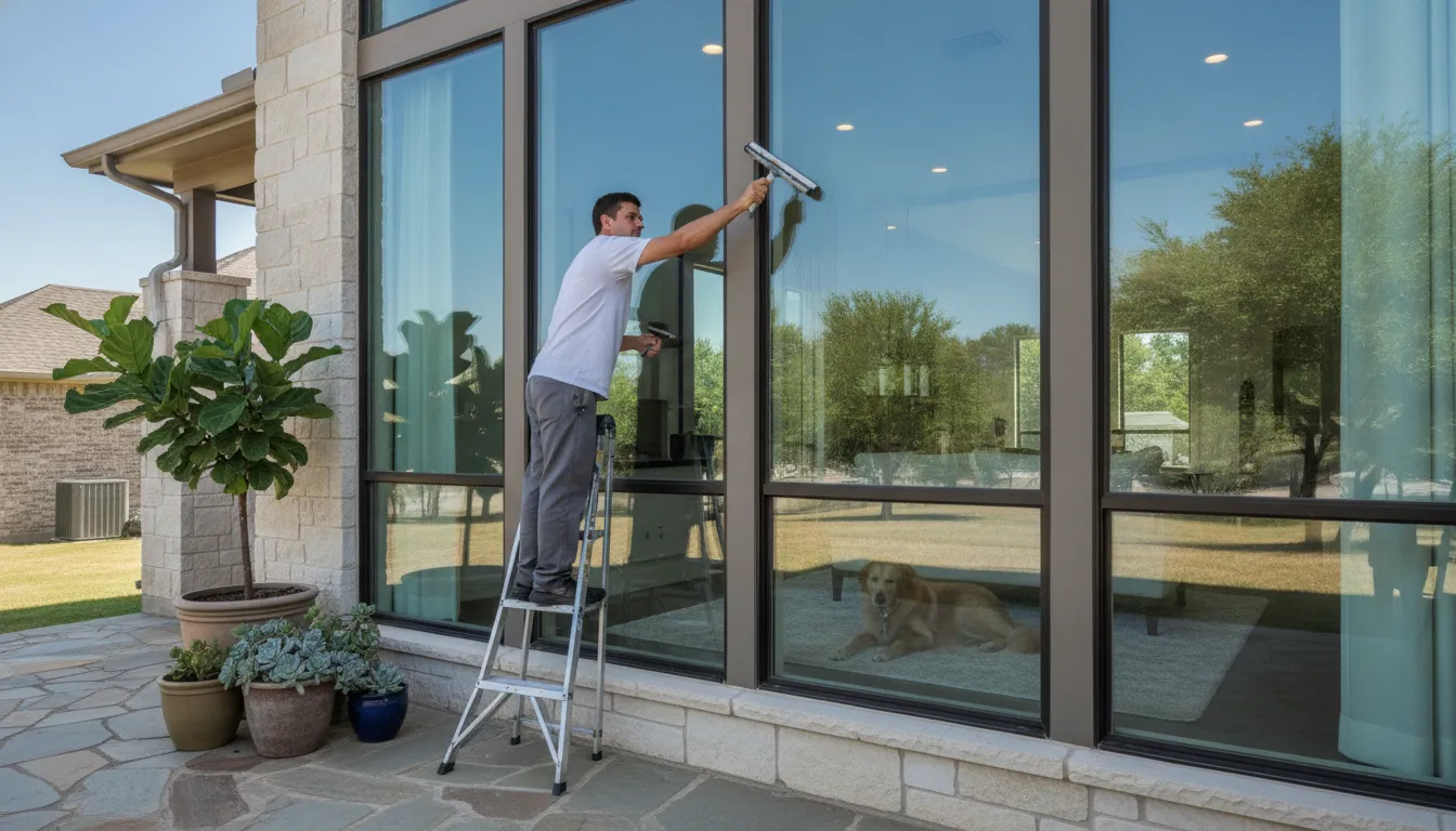 Technician cleaning tall Southlake windows with a water-fed pole beside landscaped property