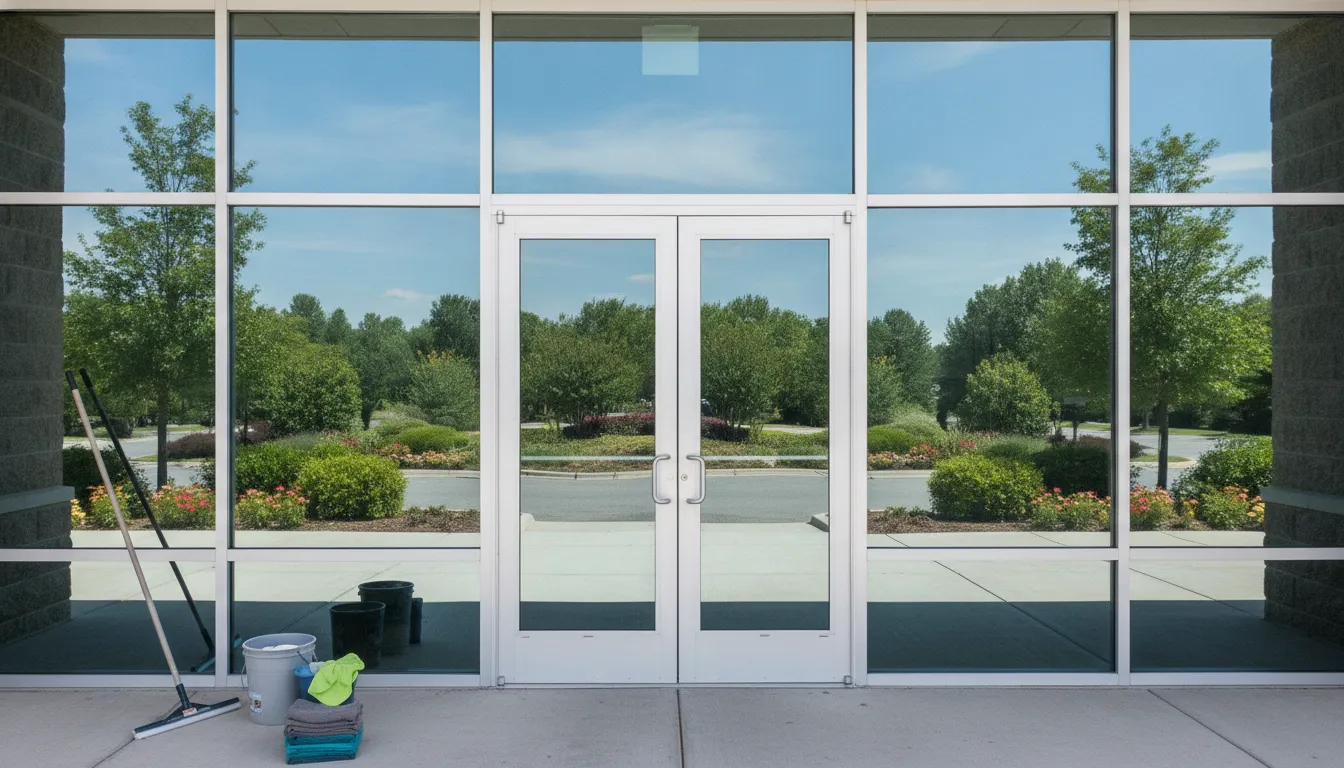 Professional cleaning of commercial windows at a Colleyville business