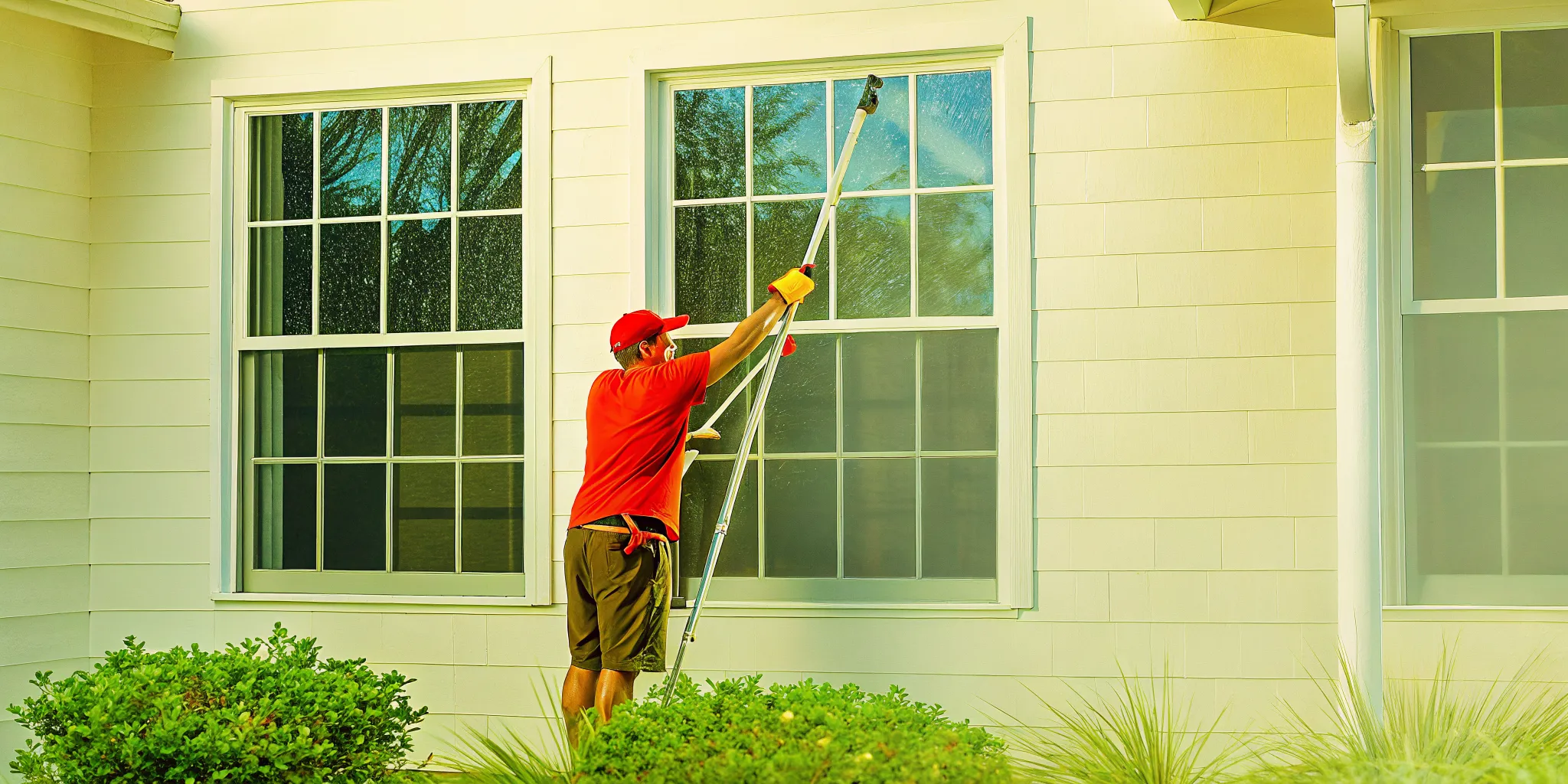 Professional window cleaner using purified water system on a Southlake two-story home