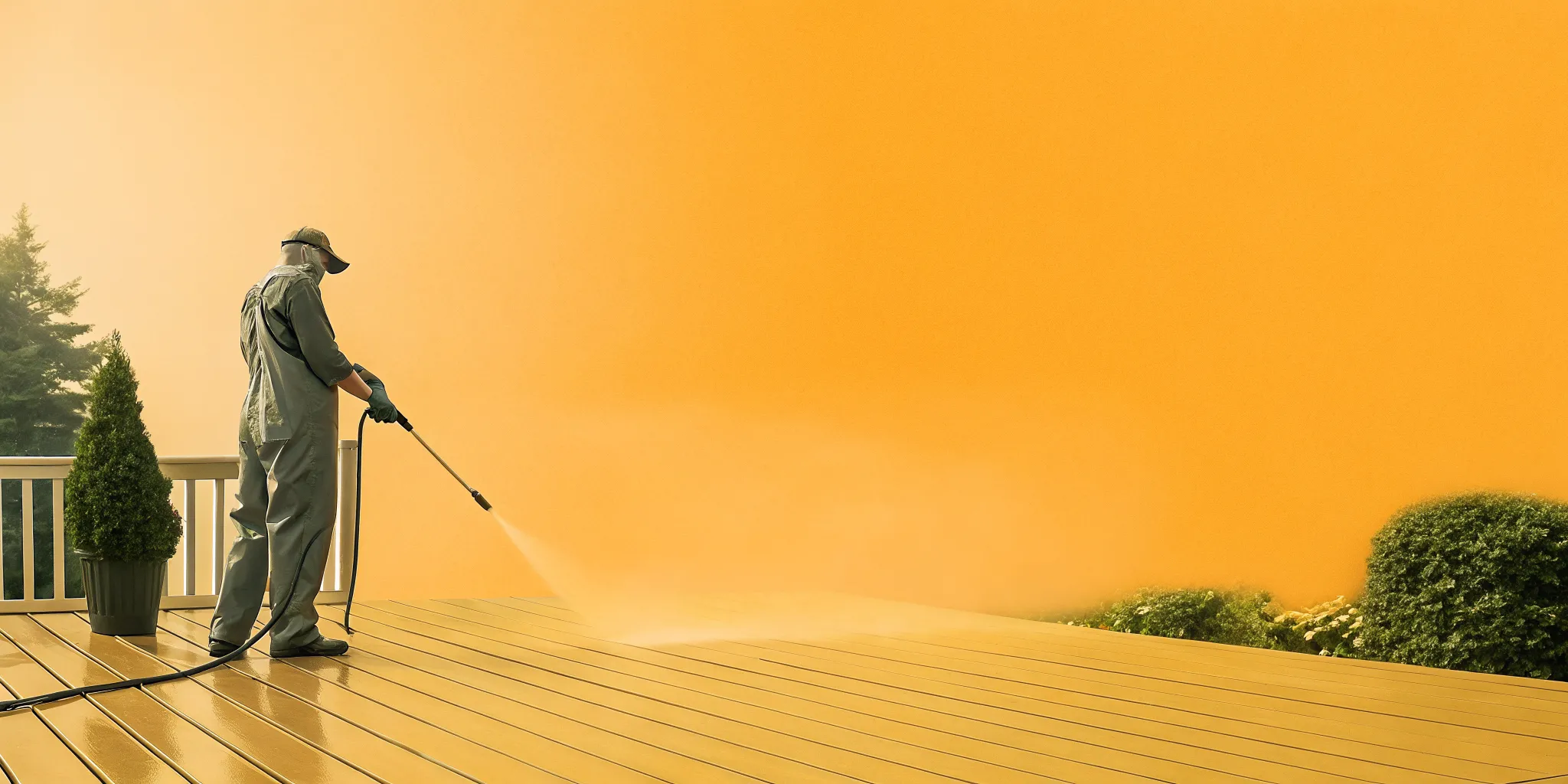 Professional pressure washing technician cleaning a wood deck at a Southlake TX home