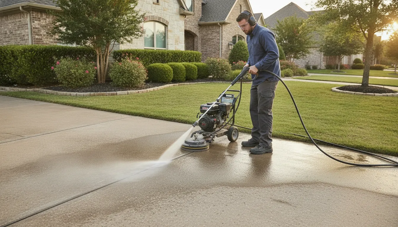 Professional pressure washing a DFW driveway
