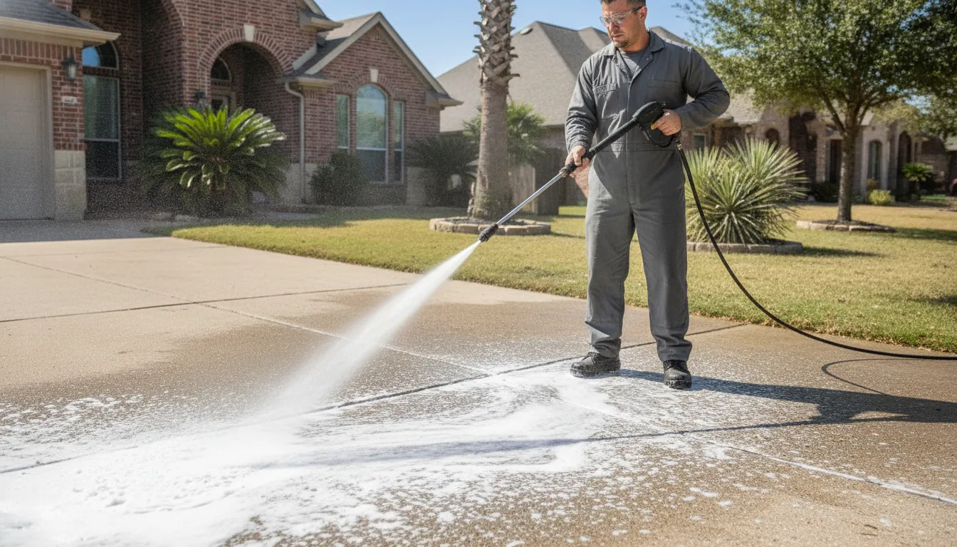 Professional pressure washing a concrete Southlake sidewalk and driveway