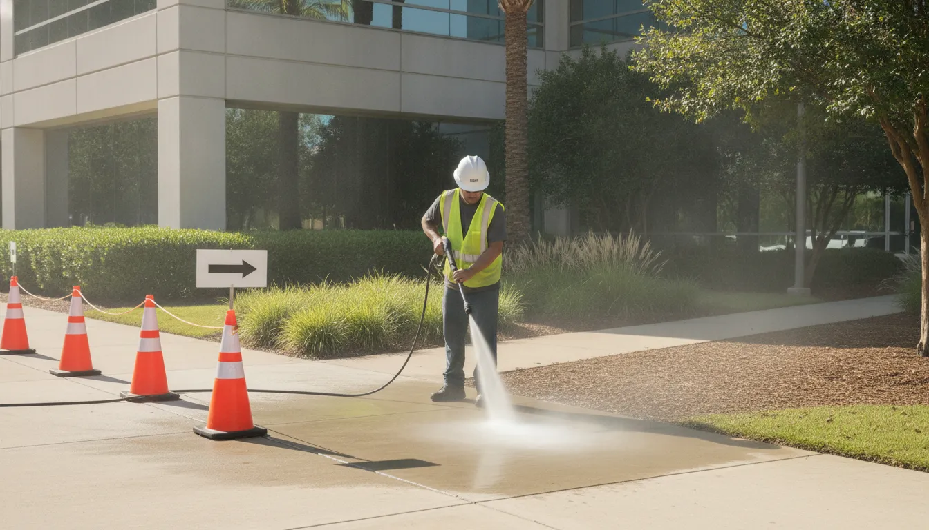 Pressure washing a commercial walkway with a protected pedestrian route