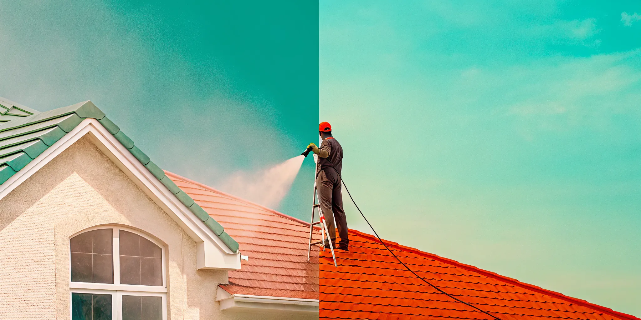 Professional roof soft washing service cleaning algae and moss from an asphalt shingle roof on a Southlake TX home
