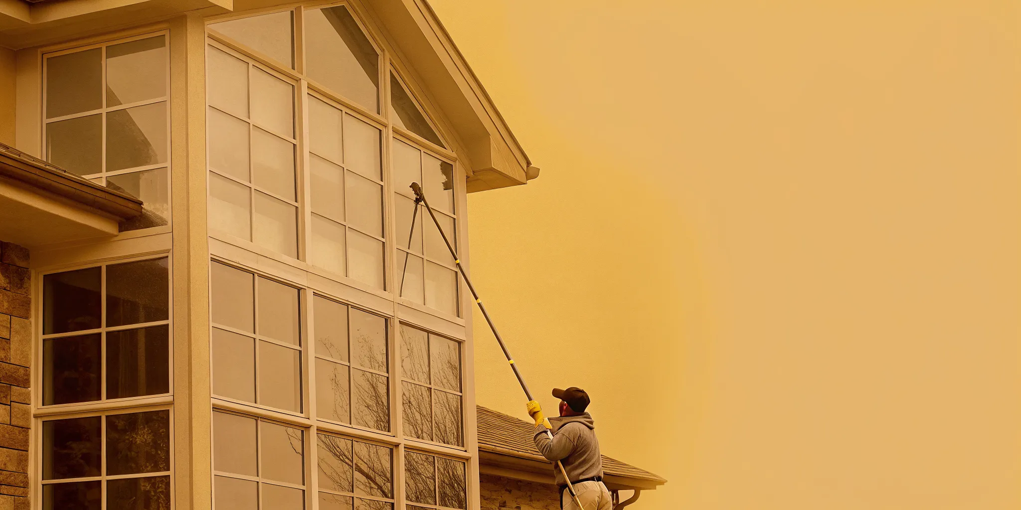 Professional window cleaner using a water-fed pole system on a large two-story Colleyville home with expansive glass windows
