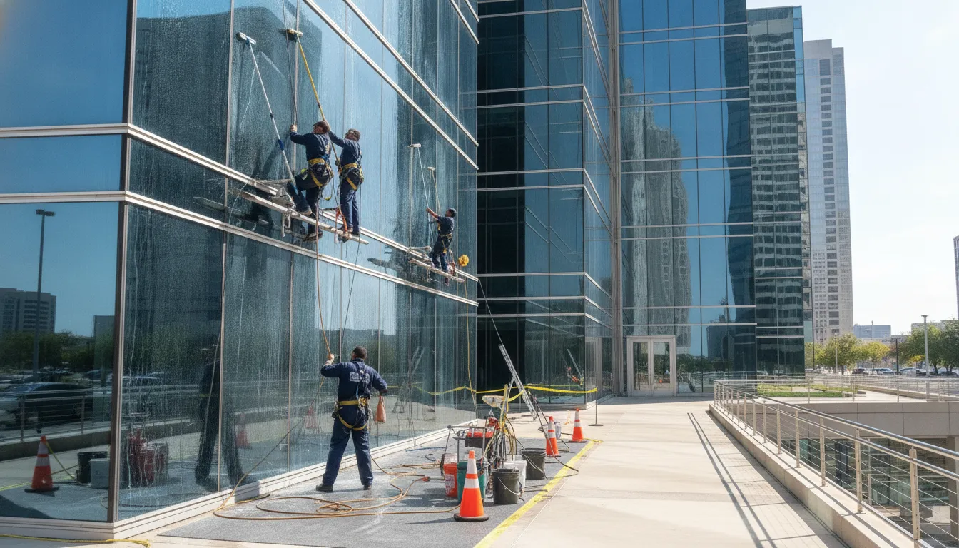 Commercial window cleaning crew working at a DFW office building