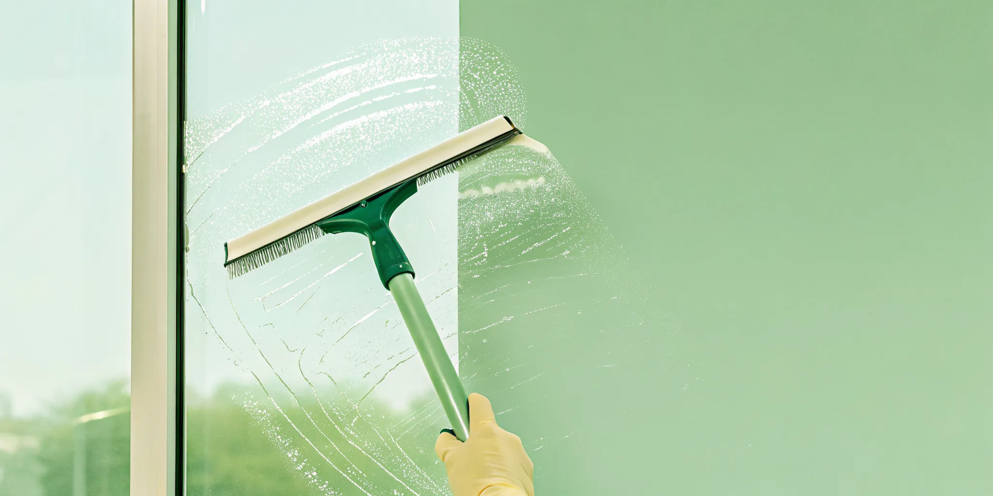 Professional window cleaner using a squeegee on a large window with streak-free results