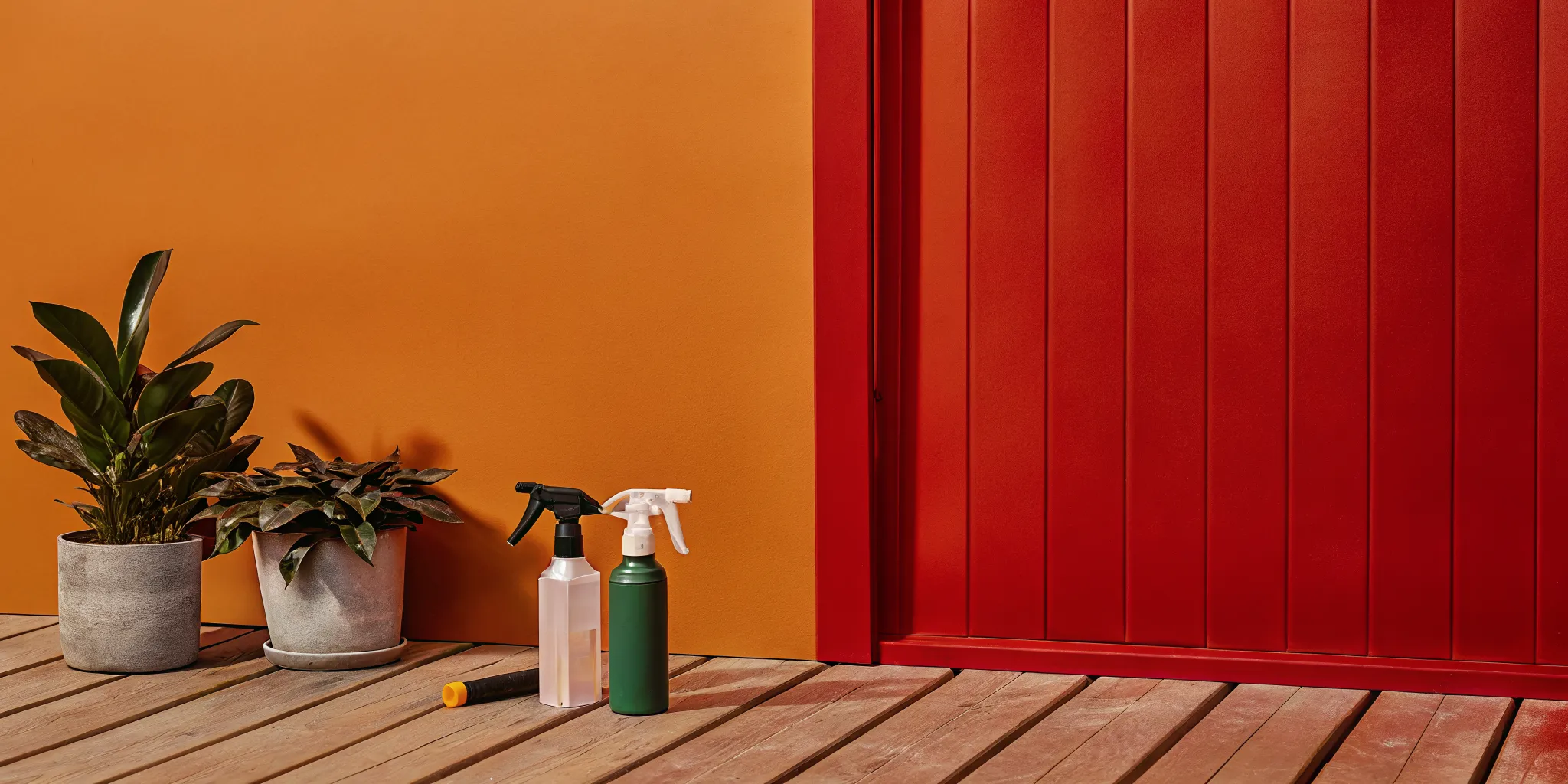 Eco-friendly cleaning products and spray bottles on a deck next to potted plants