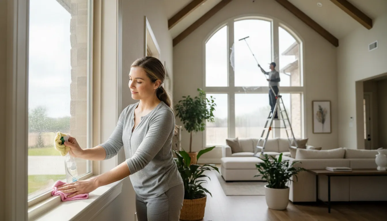 Professional cleaning of an interior window in a bright Southlake home