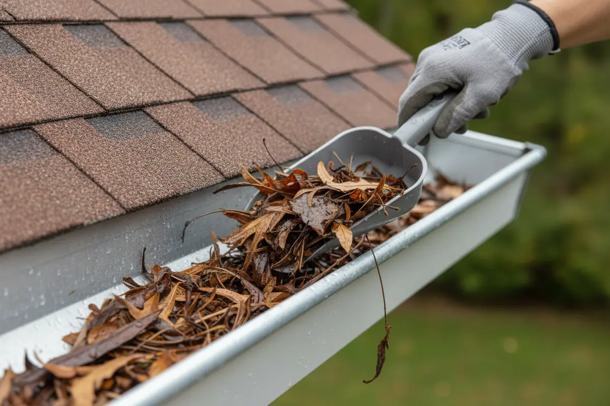 Leaves and twigs being removed from a Grapevine home's roof gutter