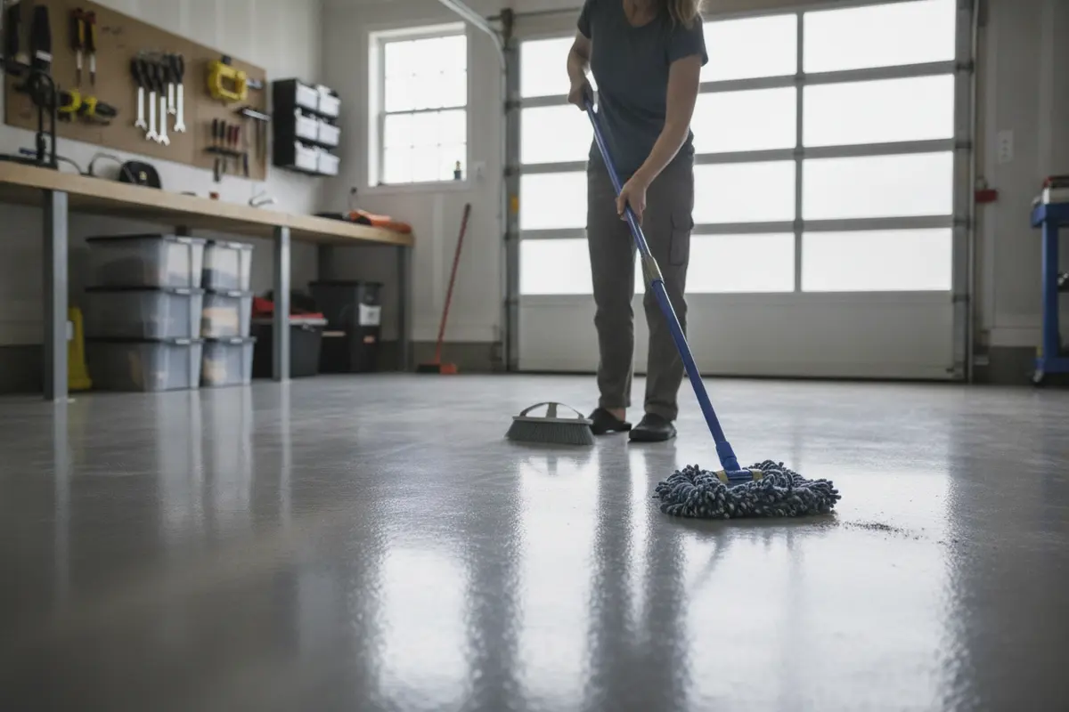 Microfiber mop and soft broom used to clean an epoxy garage floor