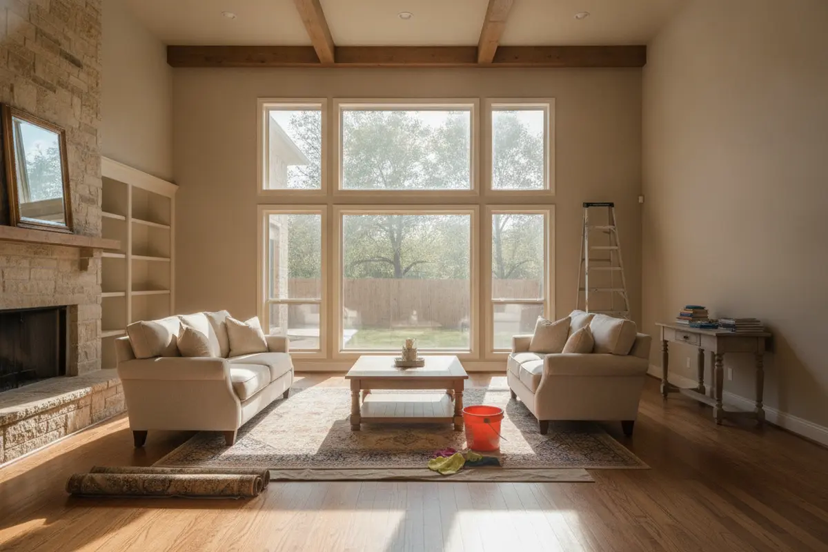 Prepared living room with clear access to residential windows before professional cleaning