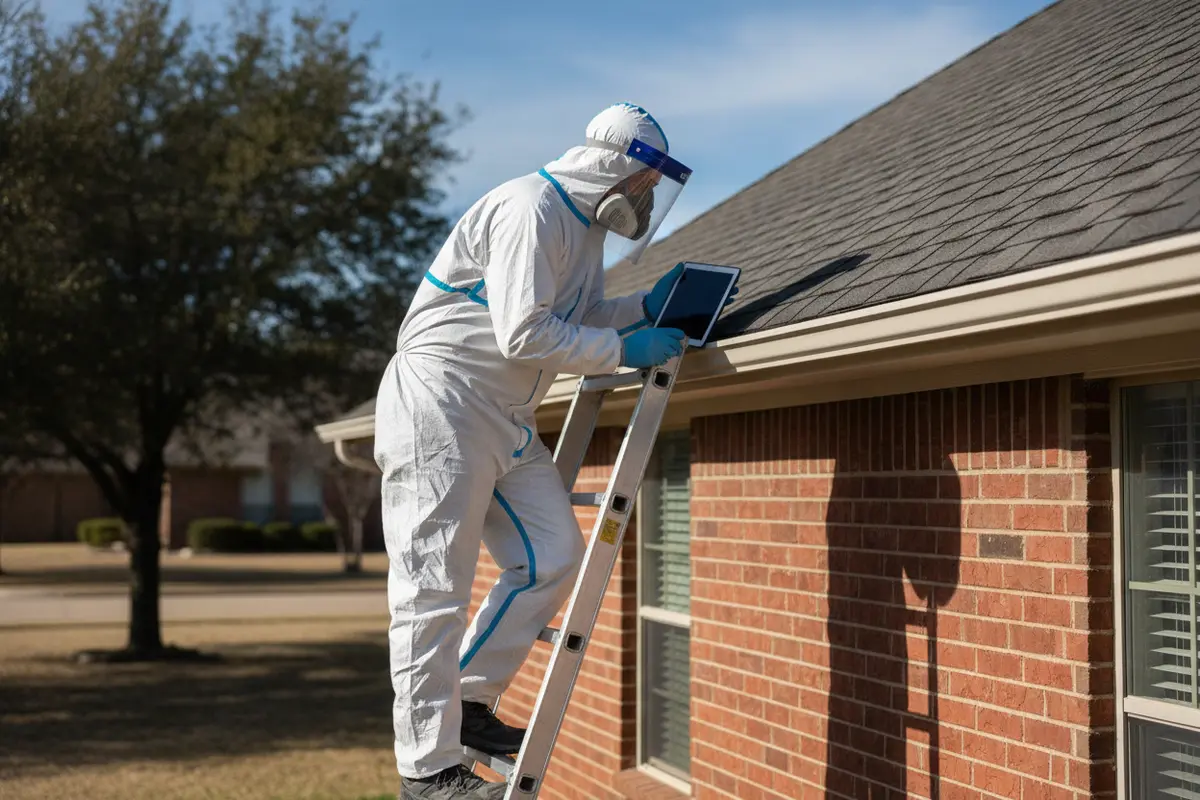Professional checking a home's roof from a ladder at the eave