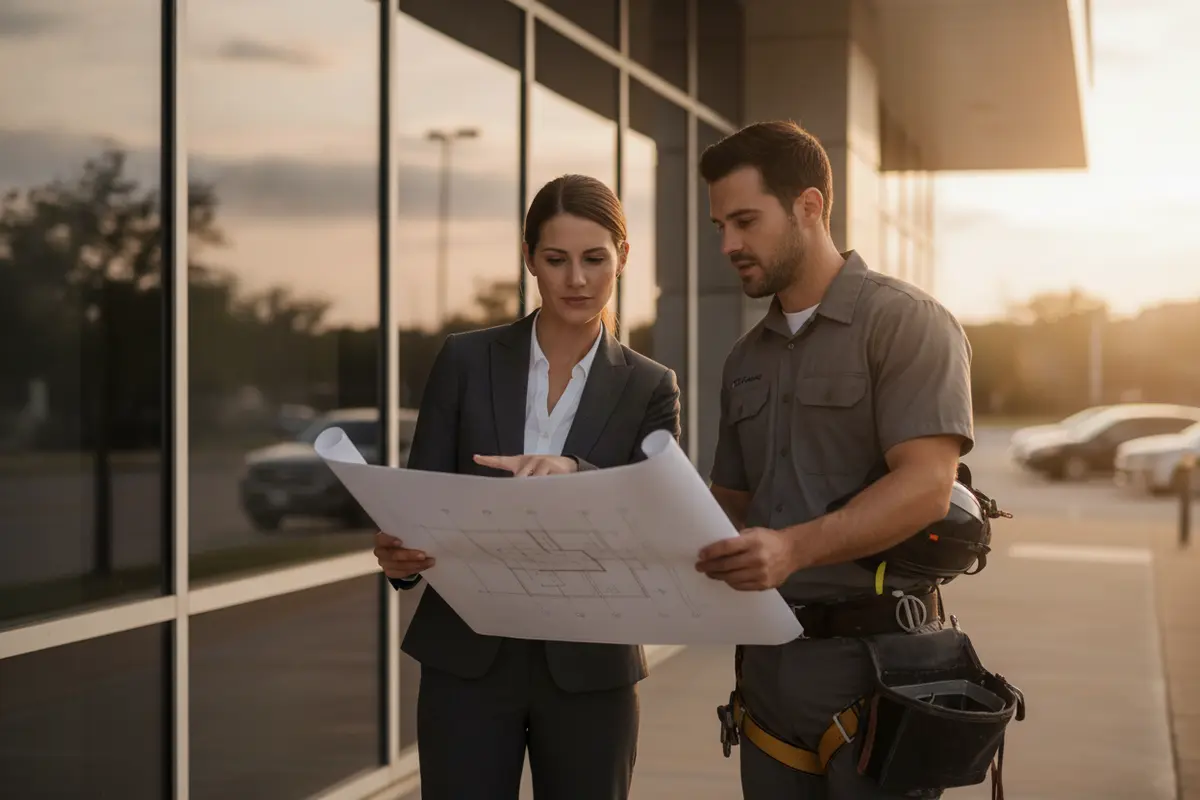 Property manager discussing commercial window cleaning access