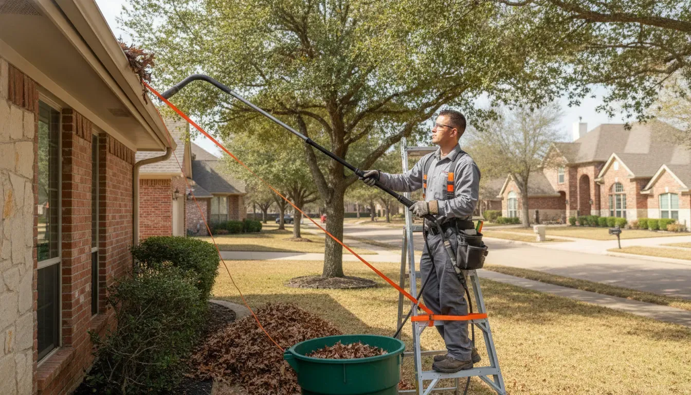 Technician clearing leaves from gutters at a Keller Texas home