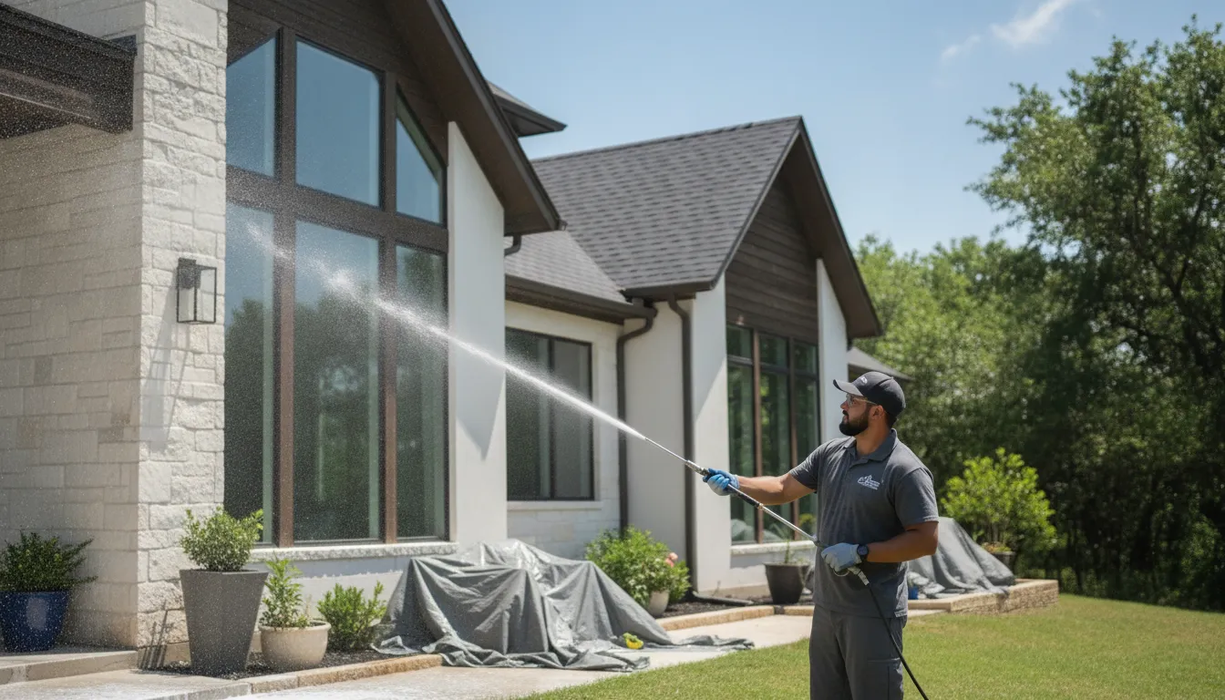 Technician using a soft wash system beside a Southlake home