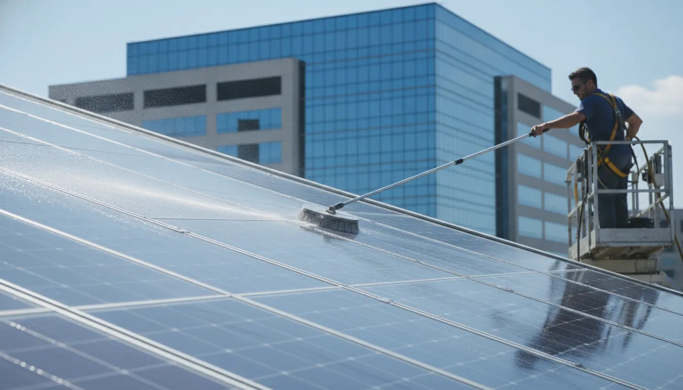 Technician using a purified-water system to clean commercial solar panels