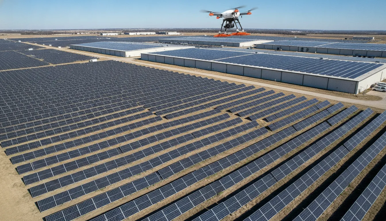 Drone-assisted cleaning concept over a large commercial solar array